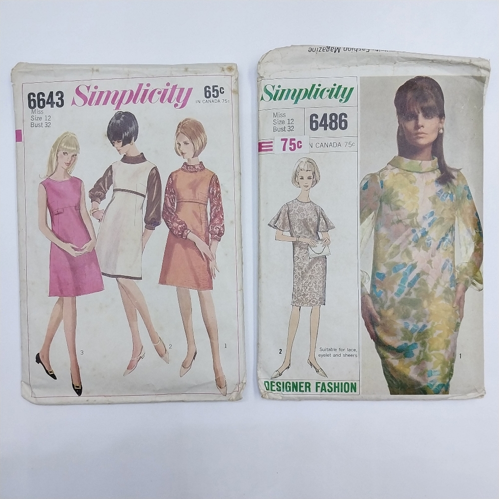 Vintage 1960s Simplicity 6643 6486 Sewing Pattern 2 Patterns Women's Mod Dress